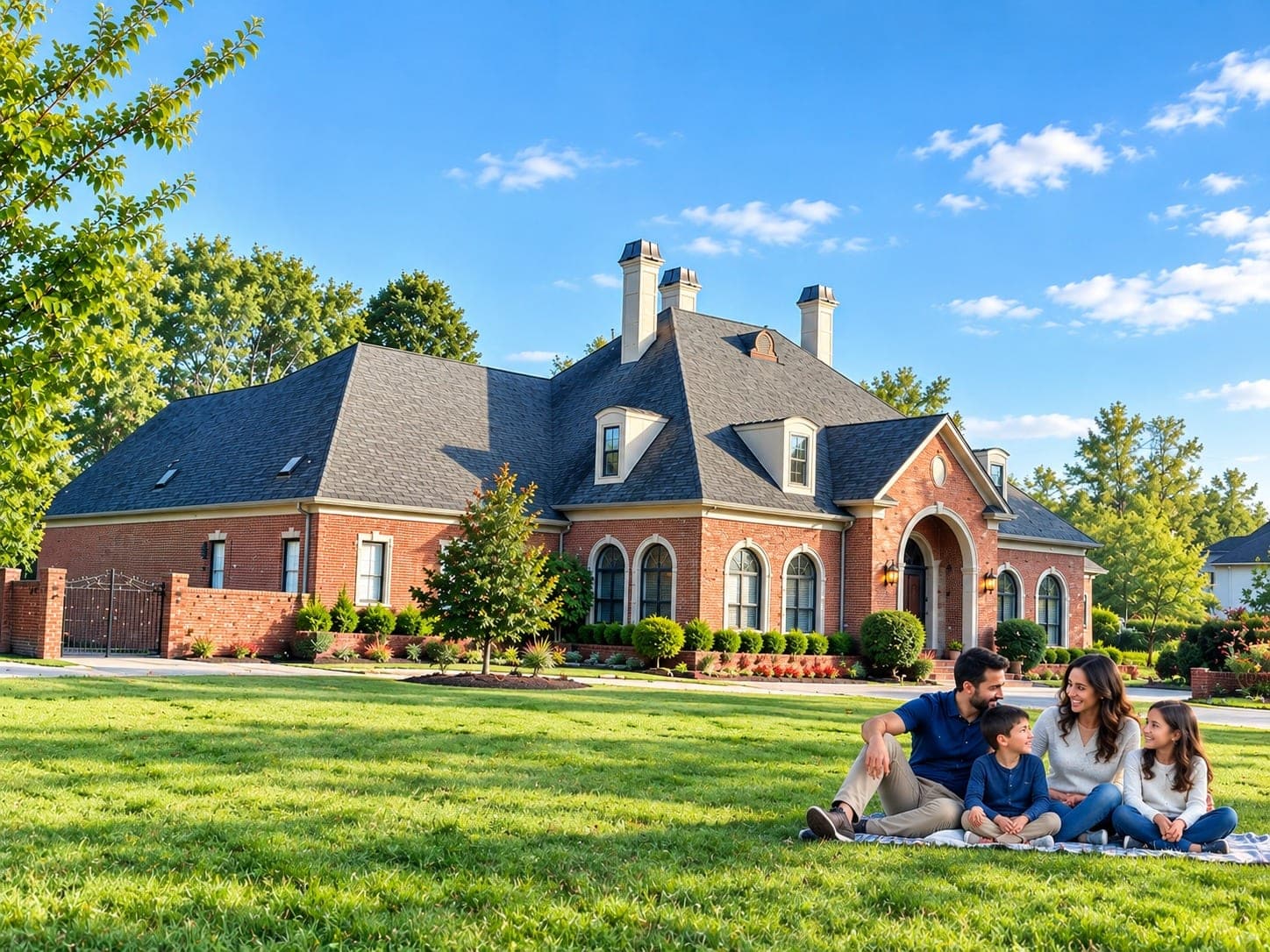 Red-brick home with a dark architectural shingle roof and three chimneys, with a family sitting on a blanket on the front lawn under a clear blue sky